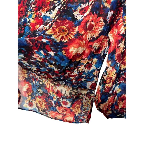 WAYF Sheer Floral Blouse XS Orange Blue Long Sleeve Boho Office Top - Picture 6 of 12